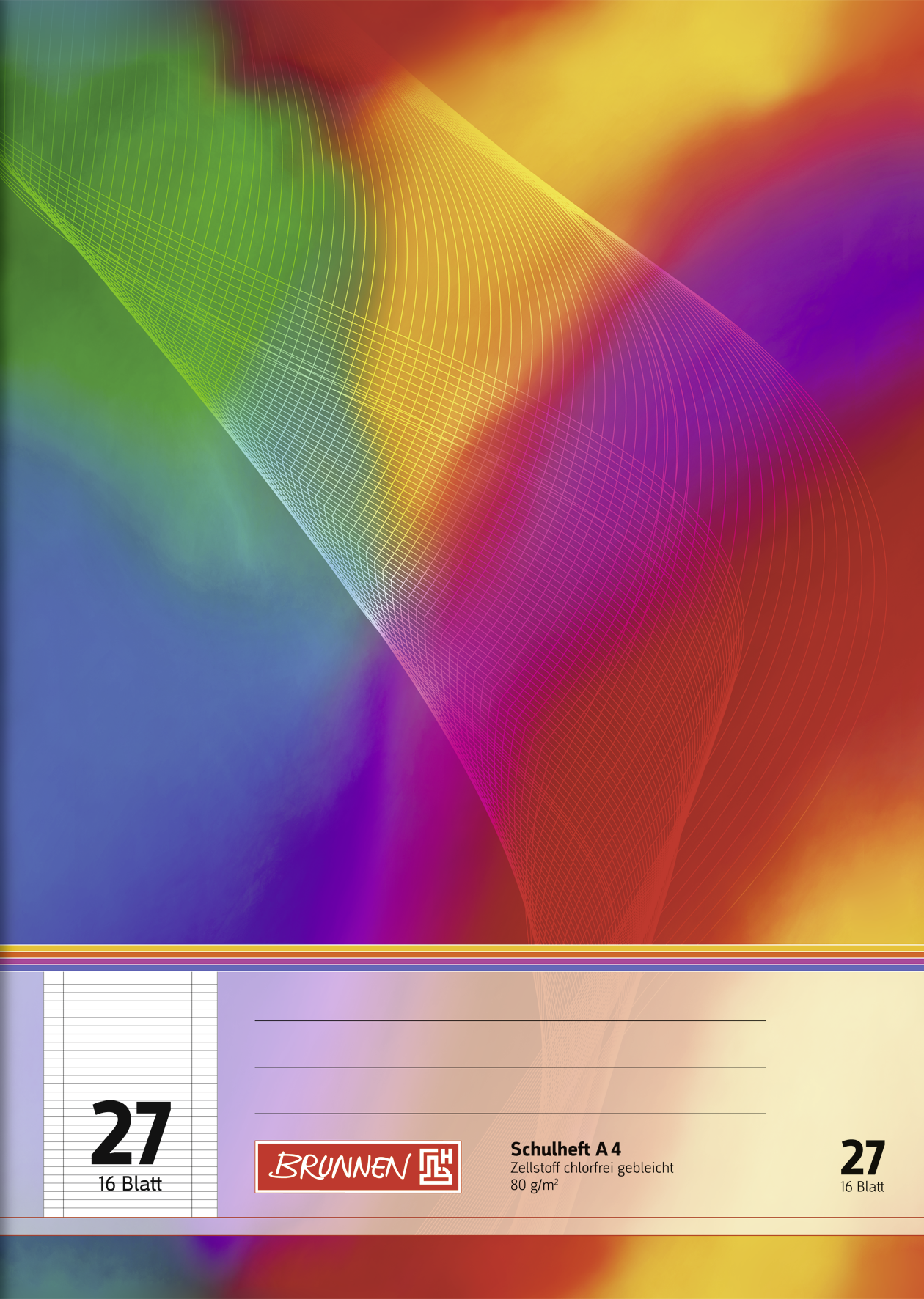 Schulheft, A4, 16 Blatt / 32 Seiten, Lineatur 27, mehrfarbig