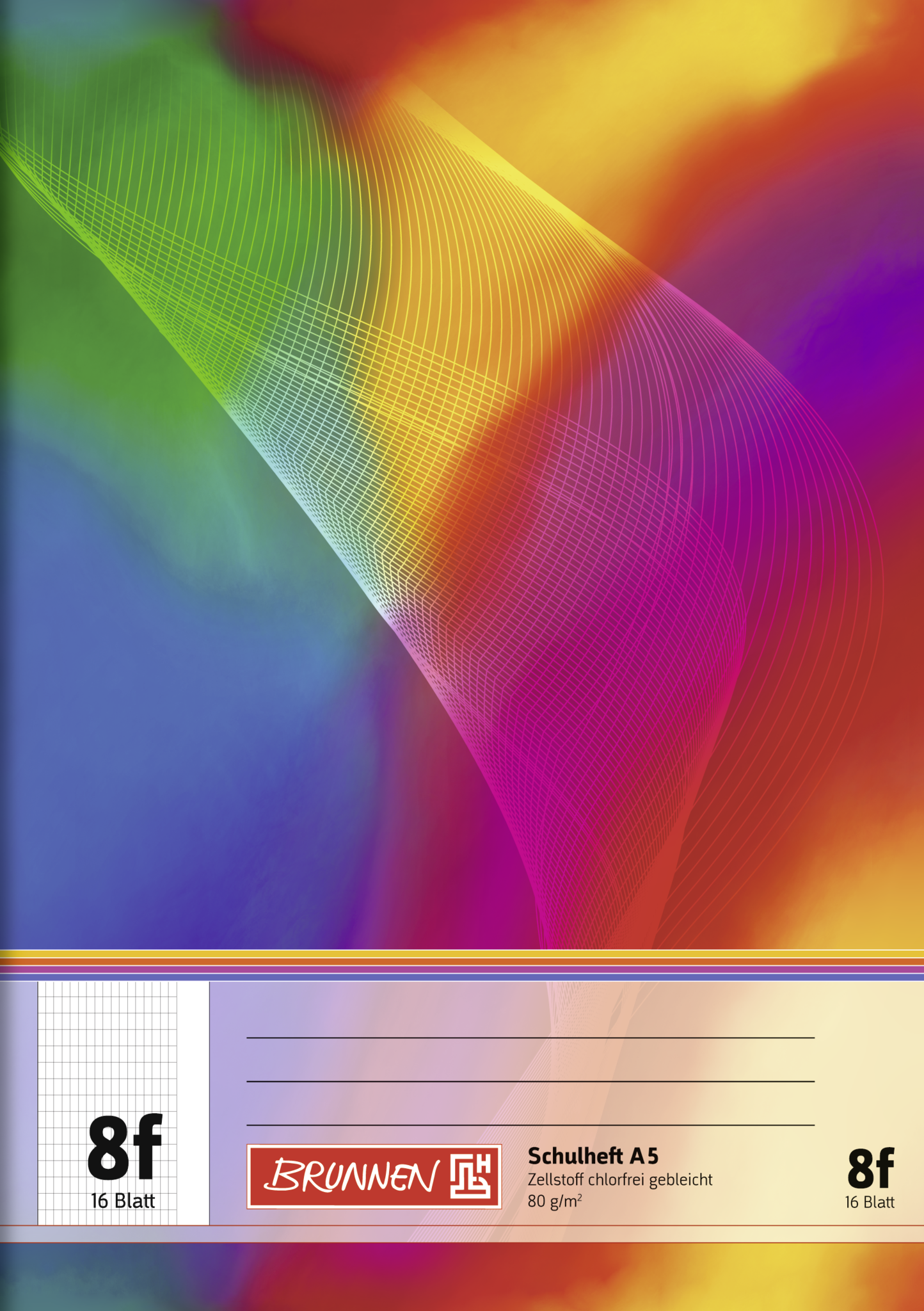 Schulheft, A5, 16 Blatt / 32 Seiten, Lineatur 8f, mehrfarbig