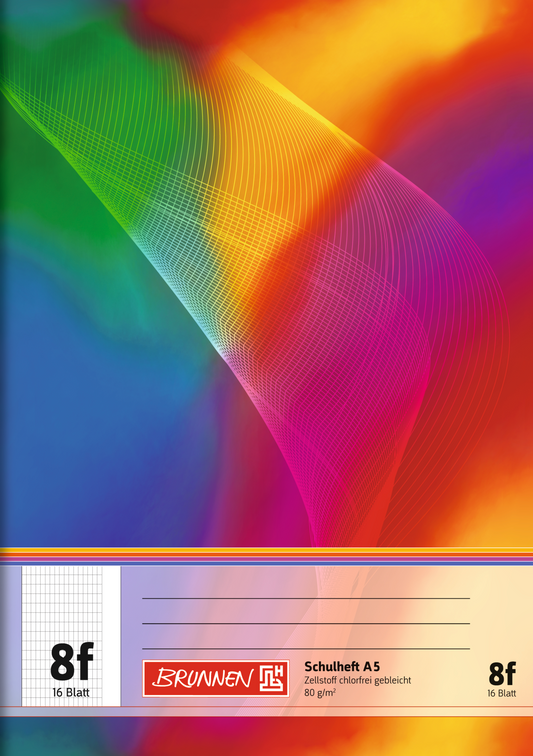 Schulheft, A5, 16 Blatt / 32 Seiten, Lineatur 8f, mehrfarbig