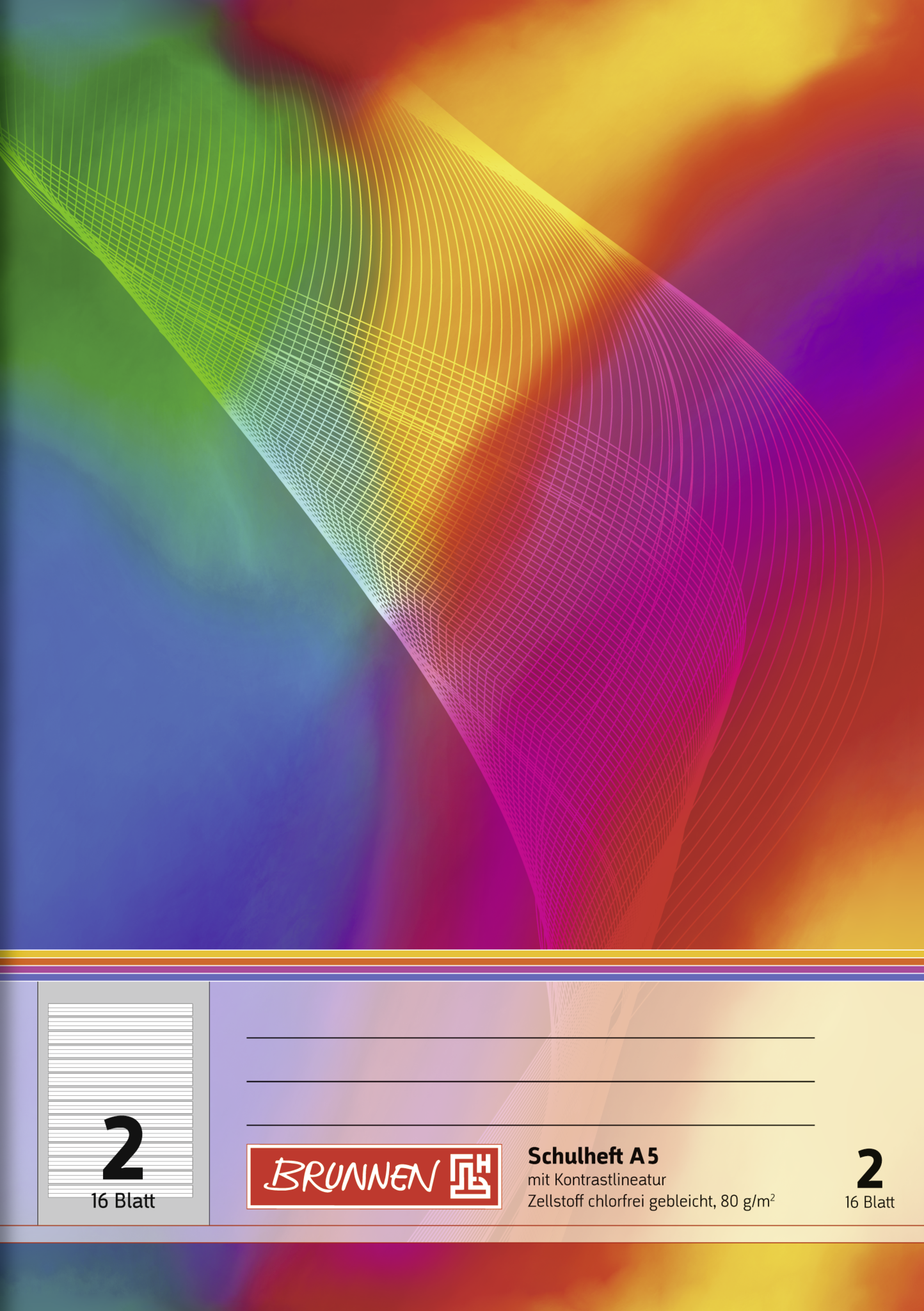 Schulheft, A5, 16 Blatt / 32 Seiten, Lineatur 2, mehrfarbig