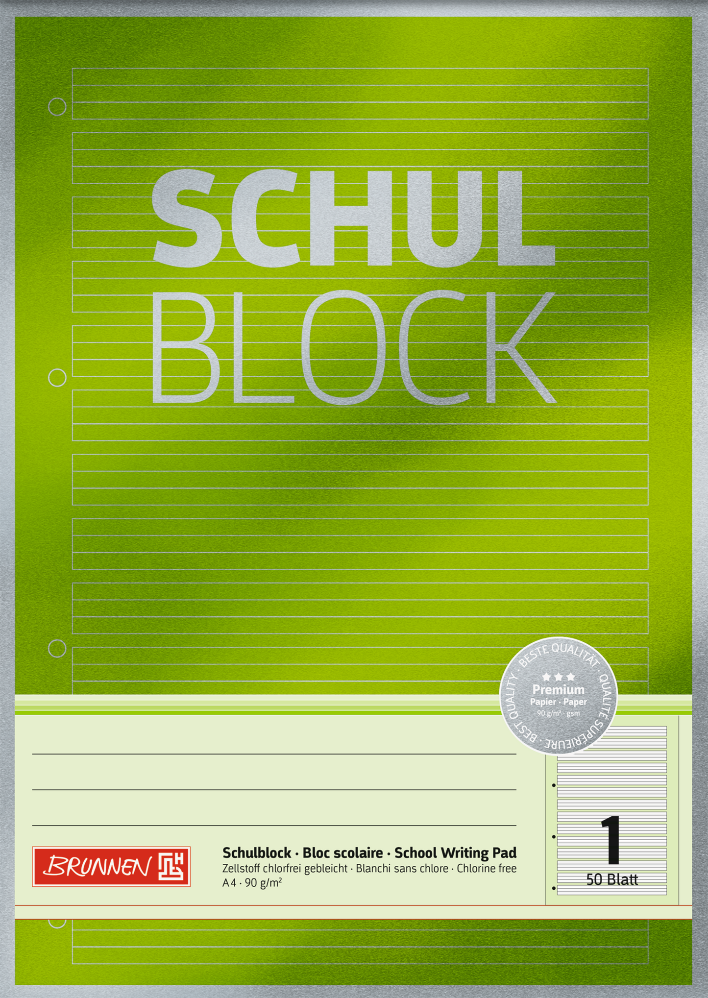 Schulblock Premium, A4, 50 Blatt, Lineatur 1, grün